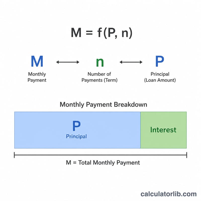 Diagram showing monthly payment times number of payments minus principal equals total interest