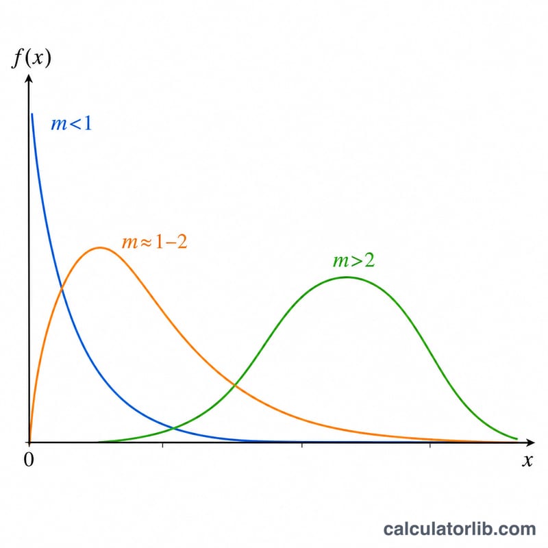Weibull probability density curves for several shape parameter values