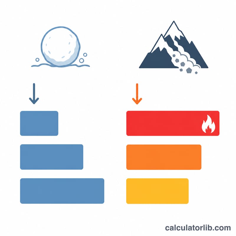 Two debt payoff orderings: snowball sorts debts smallest to largest balance, avalanche sorts highest to lowest interest rate