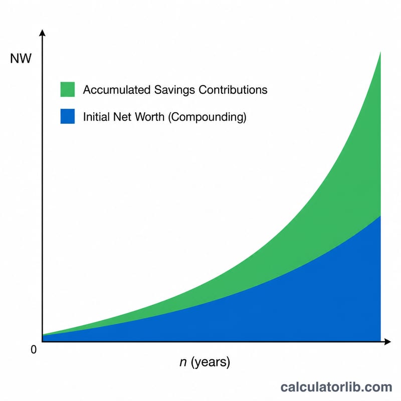 Two-part stacked area chart showing net worth growing over years, split into initial assets compounding and annual savings contributions