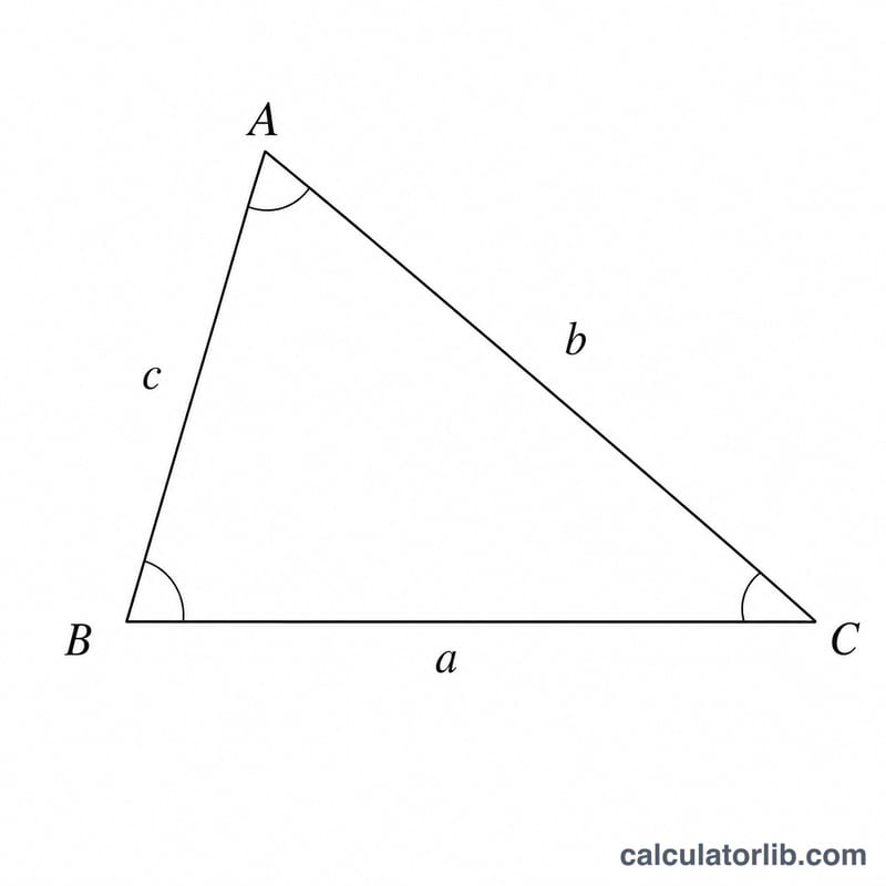 Labeled triangle showing vertices A, B, C with opposite sides a, b, c