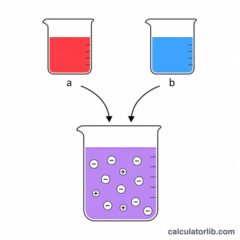 Two beakers of acid and base combining into one mixed beaker showing leftover ions
