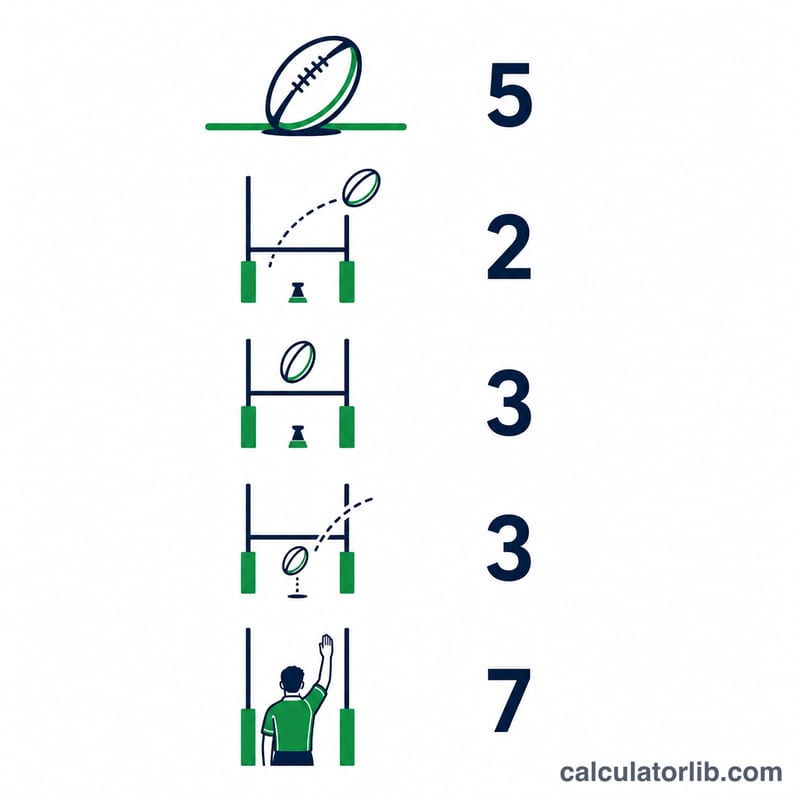 Flat chart of rugby union scoring methods with their point values
