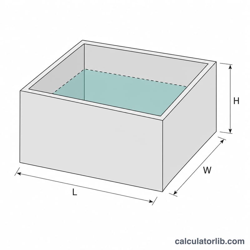 Rectangular mold diagram with length, width and depth labeled, plus a partial resin fill level