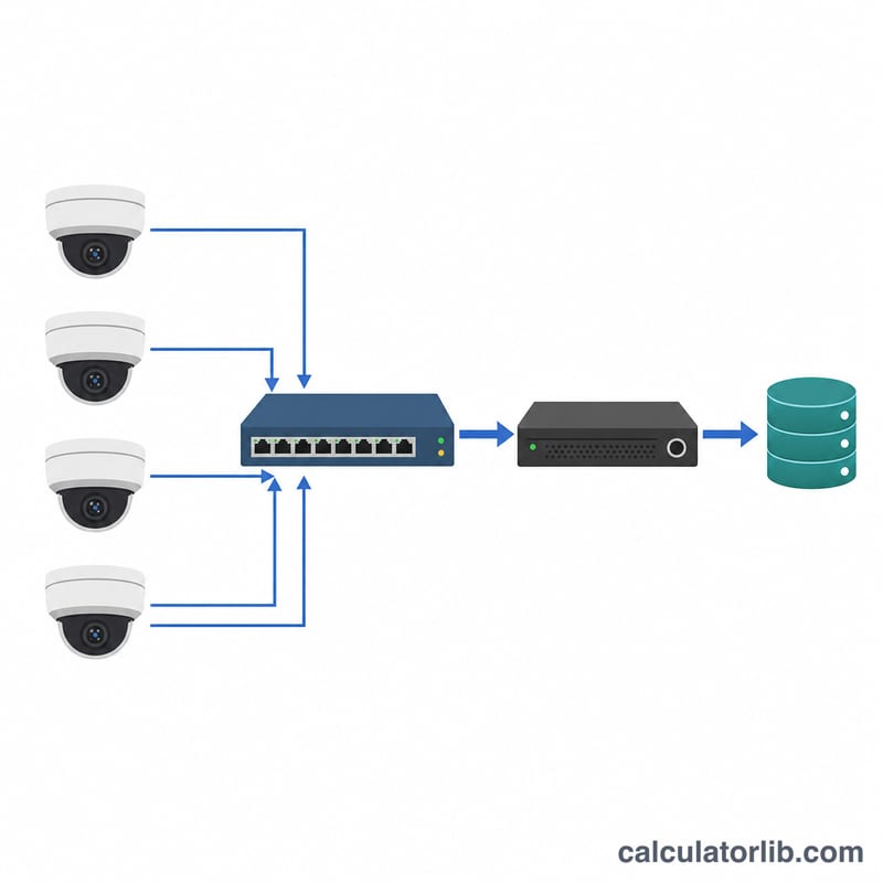Multiple IP cameras connected through a network switch to an NVR with bandwidth flowing to storage