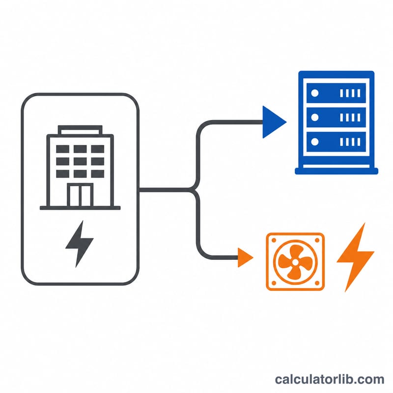 Diagram showing total facility power splitting into IT equipment power and overhead power