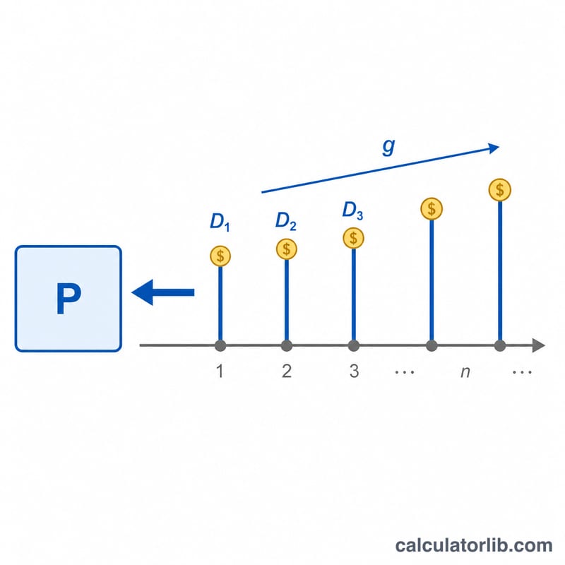 Timeline of growing future dividends discounted to a present stock value P