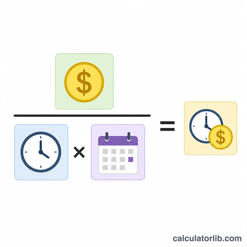Diagram showing annual salary divided by hours per week times weeks per year equals hourly rate