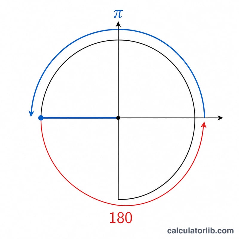 Circle showing a half-turn equal to pi radians and 180 degrees