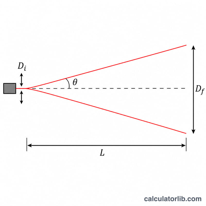 Diagram of a laser beam spreading from a small initial diameter to a larger final diameter over a distance, with a divergence angle theta