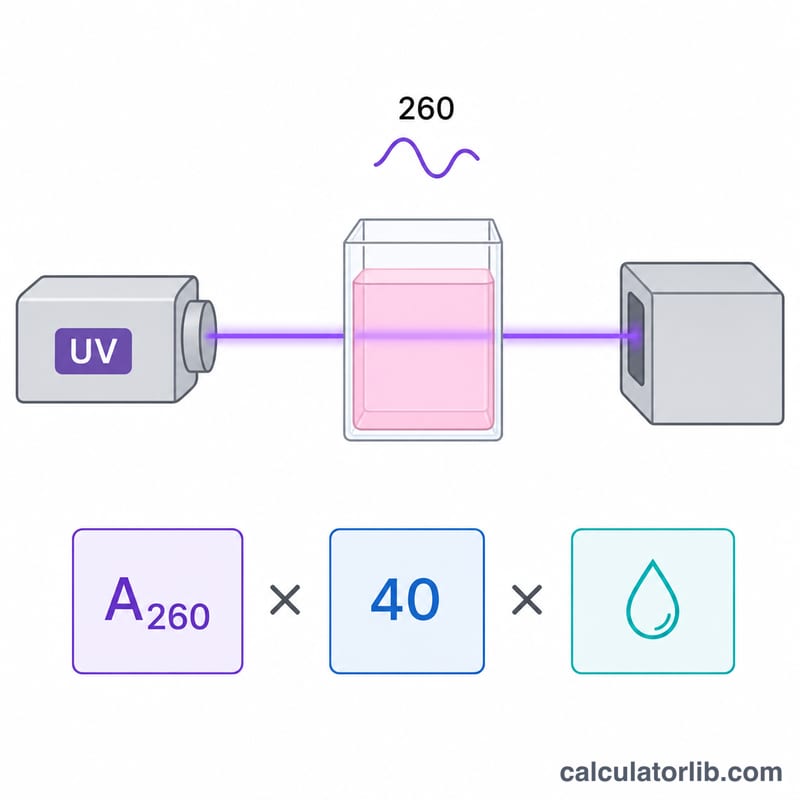 Diagram showing UV light passing through an RNA sample cuvette to a detector, with A260 absorbance multiplied by 40 and dilution factor