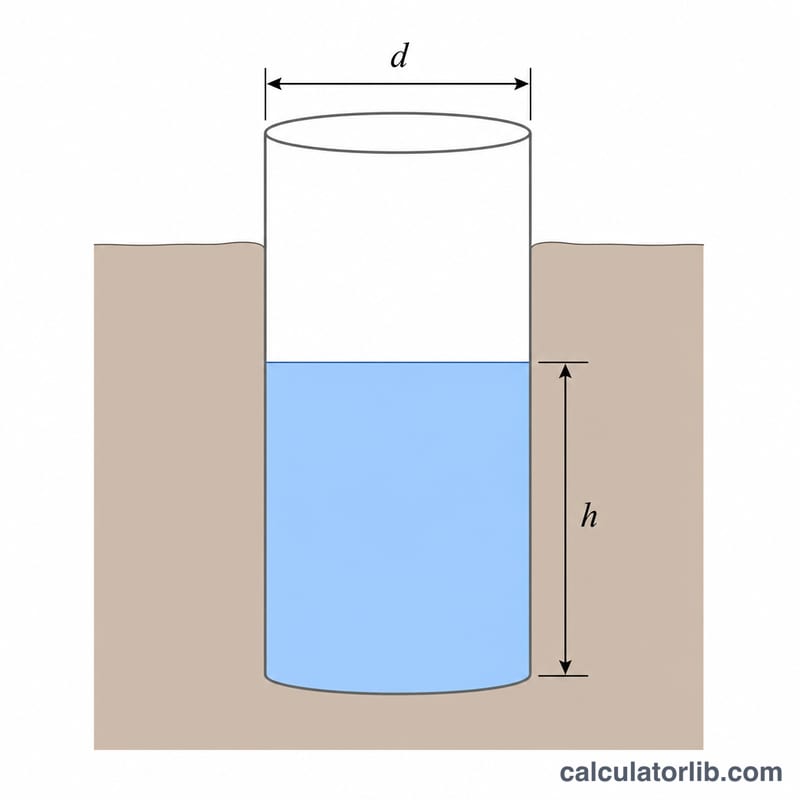 Cross-section diagram of a cylindrical well showing diameter and water depth