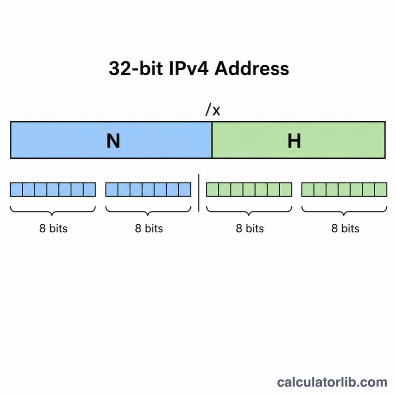 CIDR सीमा पर नेटवर्क और होस्ट भागों में विभाजित 32-बिट IPv4 पता