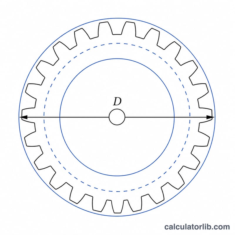 Spur gear cross-section showing the pitch circle diameter between outer tip circle and root circle