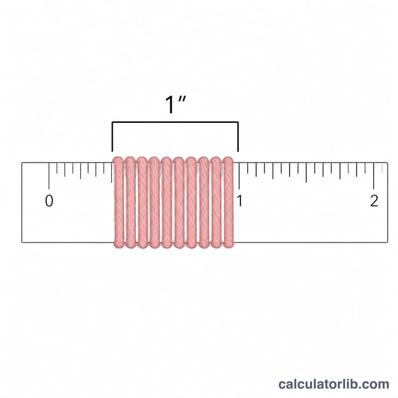 Yarn wrapped neatly around a ruler with wraps counted along one inch