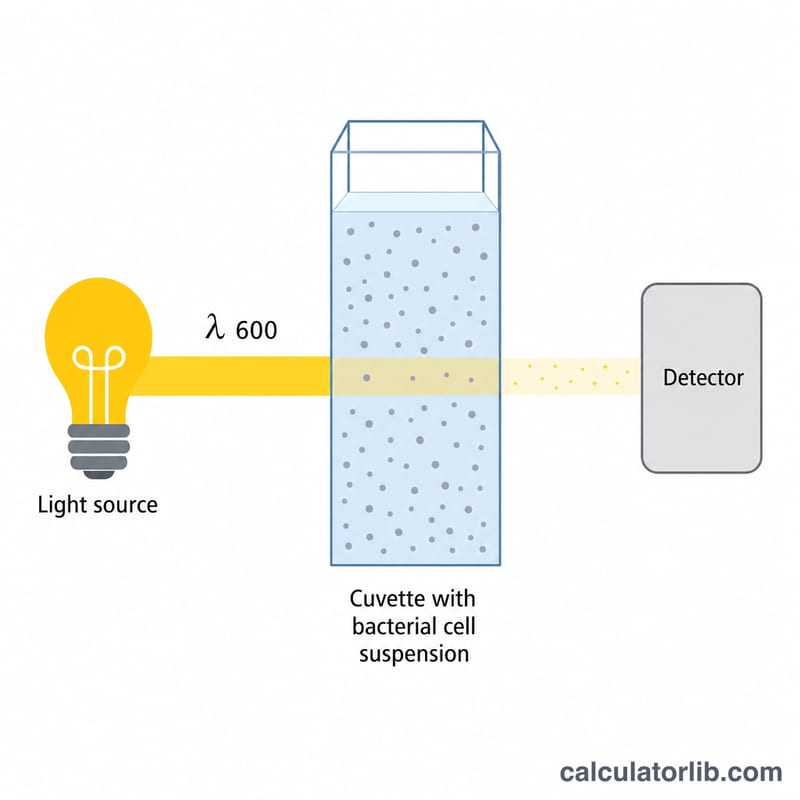 Spectrophotometer passing a 600 nm light beam through a cuvette of cloudy bacterial culture to a detector