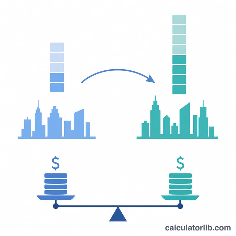 Two cities with different cost indices and an arrow showing salary conversion between them