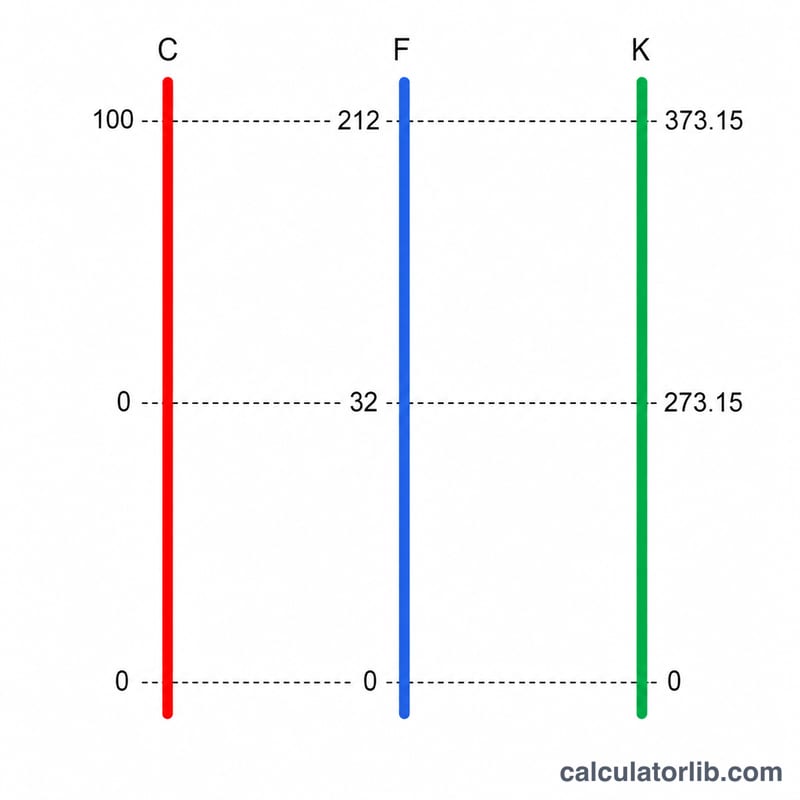 Three vertical thermometer scales aligned side by side showing Celsius, Fahrenheit and Kelvin with key points