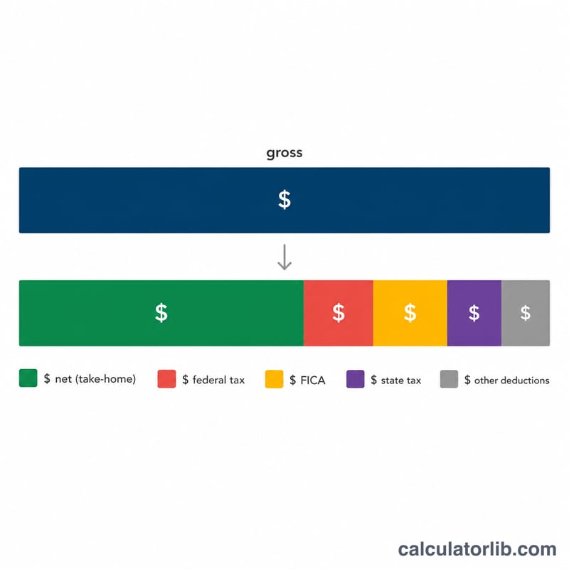 Gross pay bar splitting into net pay and deduction segments