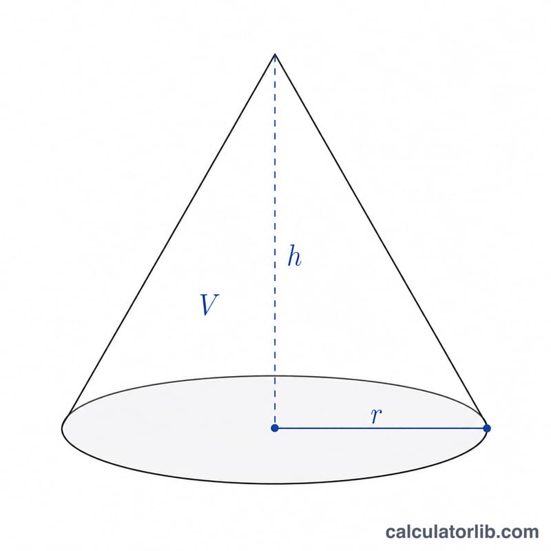 Cone diagram with radius r at the base, height h up the central axis, and volume V labeled inside