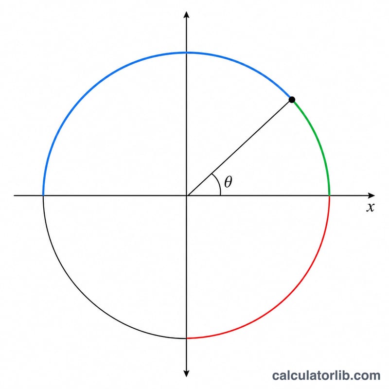 Unit circle with an angle theta and the principal-value ranges for arcsin, arccos and arctan marked