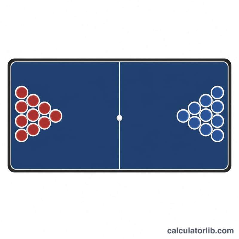 Flat illustration of a beer pong table with two triangular rack formations of cups and a ball