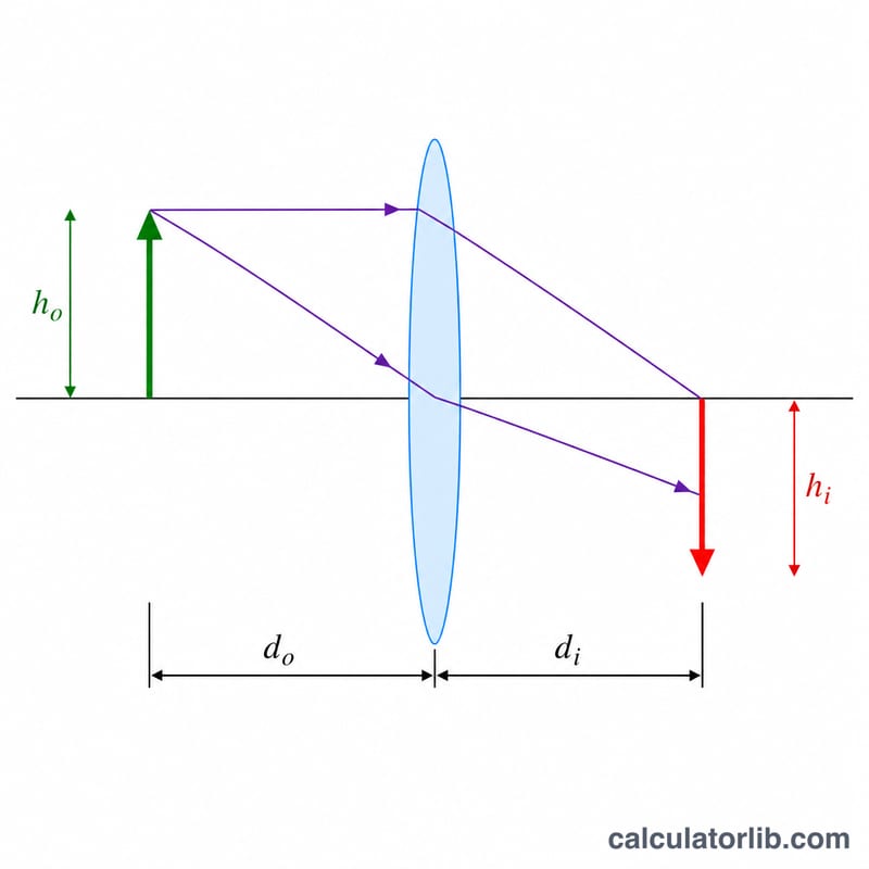 Ray diagram of a converging lens showing object and image distances with object and image heights