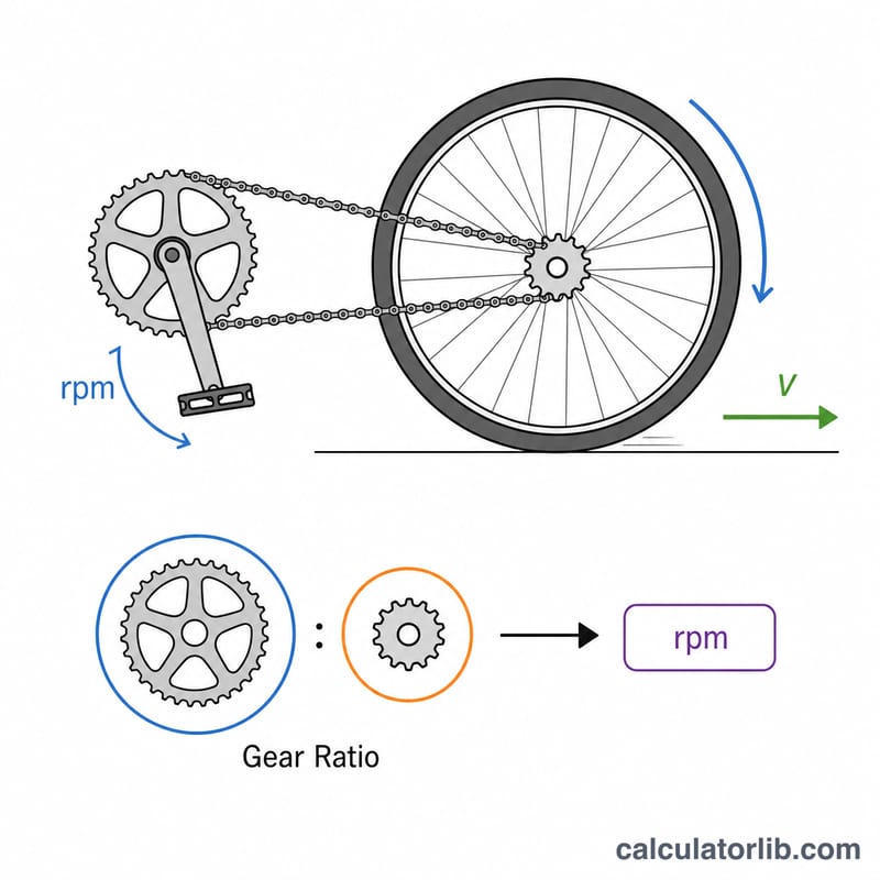Pedal kadansını, vites oranını, tekerlek çevresini ve ileri hızı ilişkilendiren bisiklet aktarma organı şeması