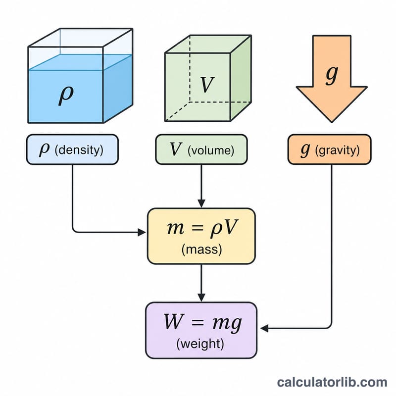 Diagram showing density, volume and gravity combining into weight