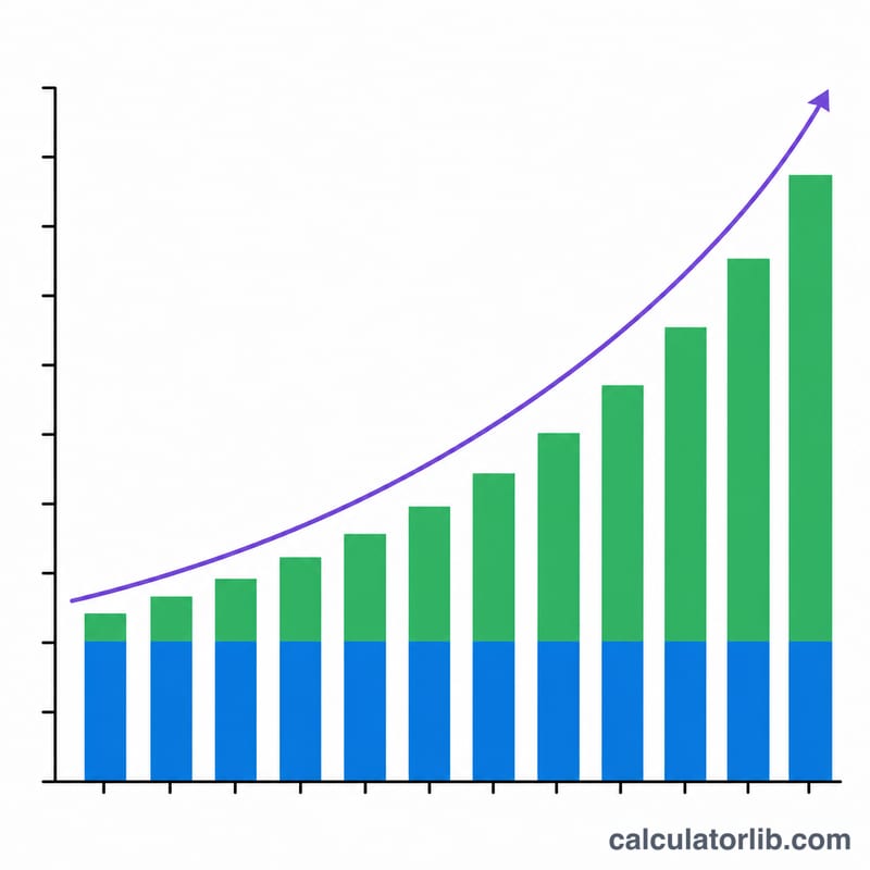 Stacked bar chart showing savings growing over time split into contributions and interest