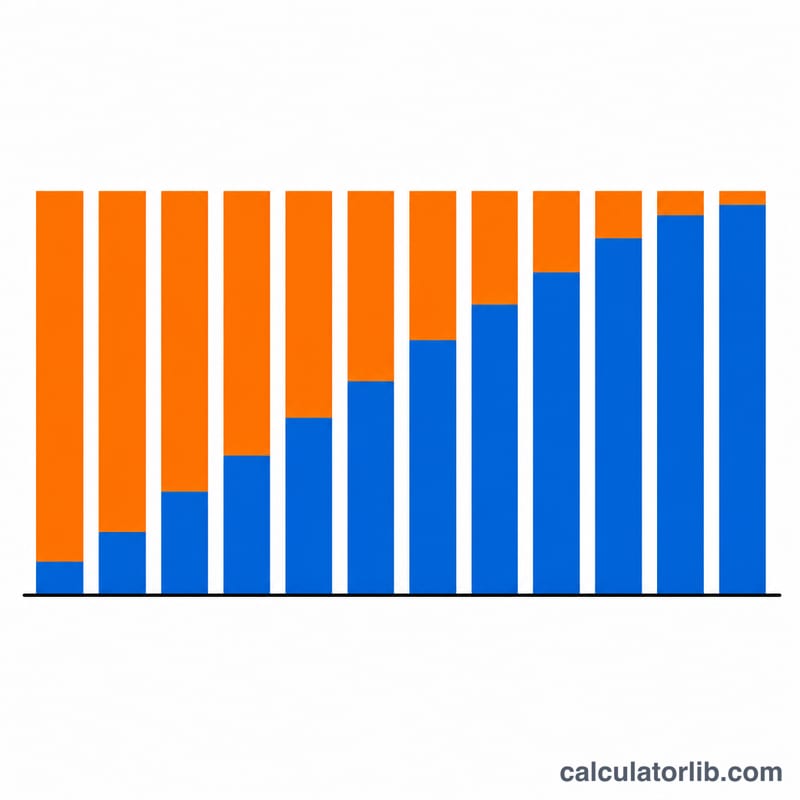 Stacked bar chart showing each payment split into shrinking interest and growing principal portions over time