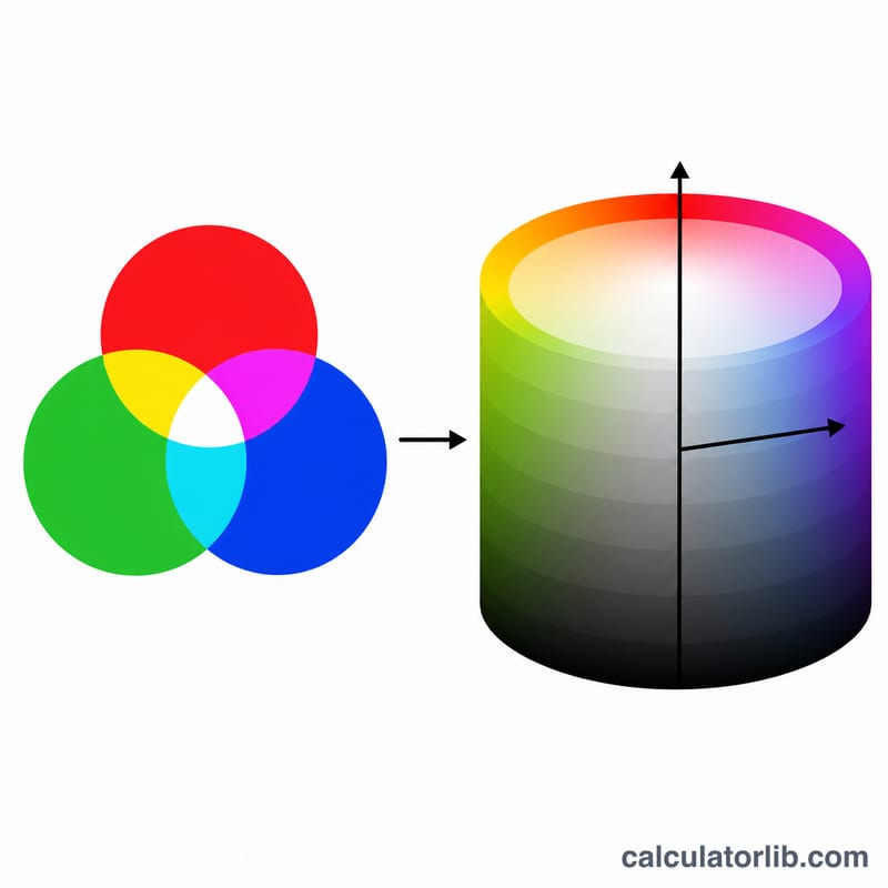 Diagram converting RGB overlapping circles into an HSL color cylinder