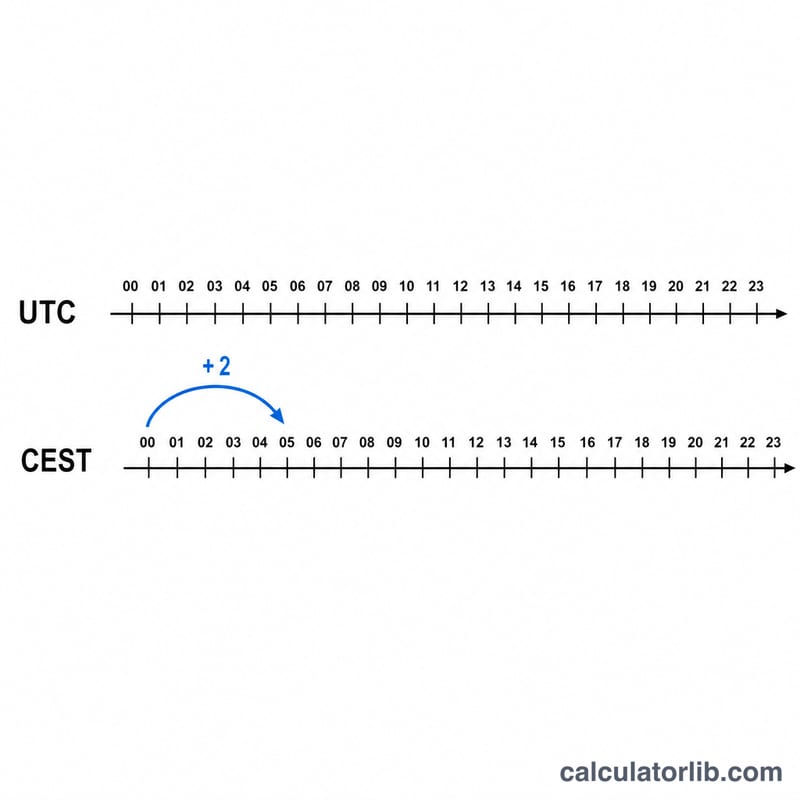 Number line showing UTC time shifted two hours forward to CEST