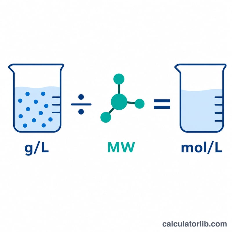 Diagram showing mass concentration divided by molar mass equals molarity