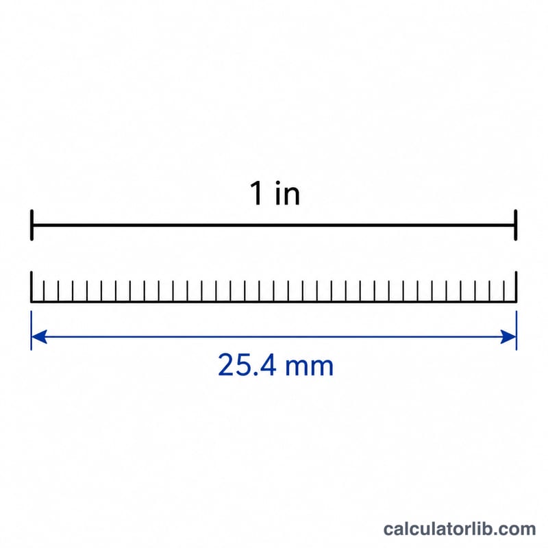 1インチの線分が25.4ミリメートルに等しいことを示す図