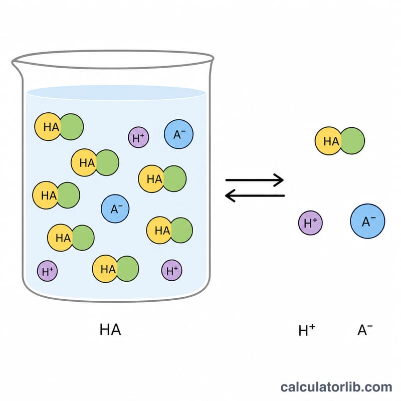 Beaker showing weak acid HA partially dissociating into H+ and A- ions with equilibrium arrows