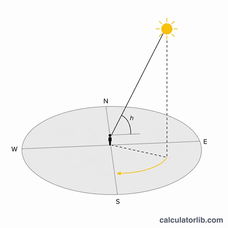Diagram showing solar elevation angle h above the horizon and azimuth measured from north