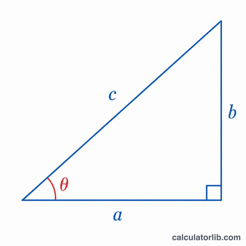Triangle rectangle de base a, de hauteur b, d'hypoténuse c et d'angle thêta à la base