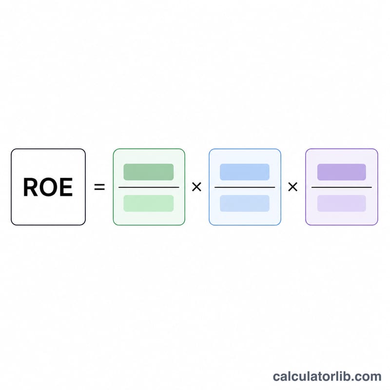Diagram showing ROE broken into three multiplied components: profit margin, asset turnover, and equity multiplier