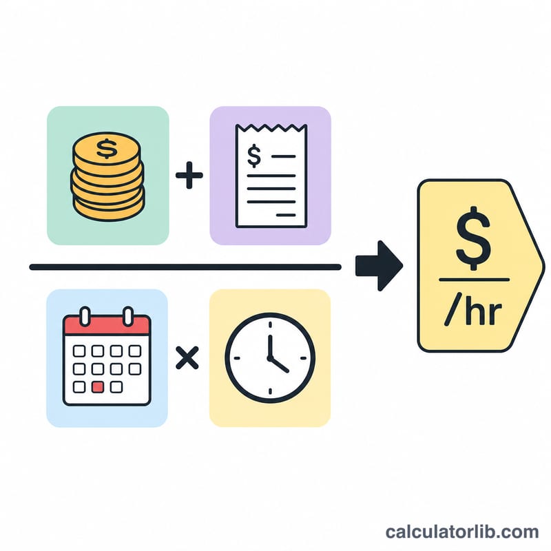 Diagram showing income plus expenses divided by weeks times billable hours equals hourly rate
