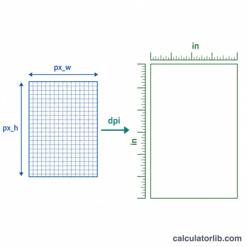 Diagram converting pixel dimensions divided by DPI into printed width and height