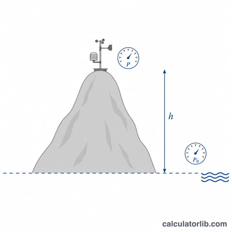 Diagram showing a weather station on a hill above sea level with a vertical height arrow and two pressure readings