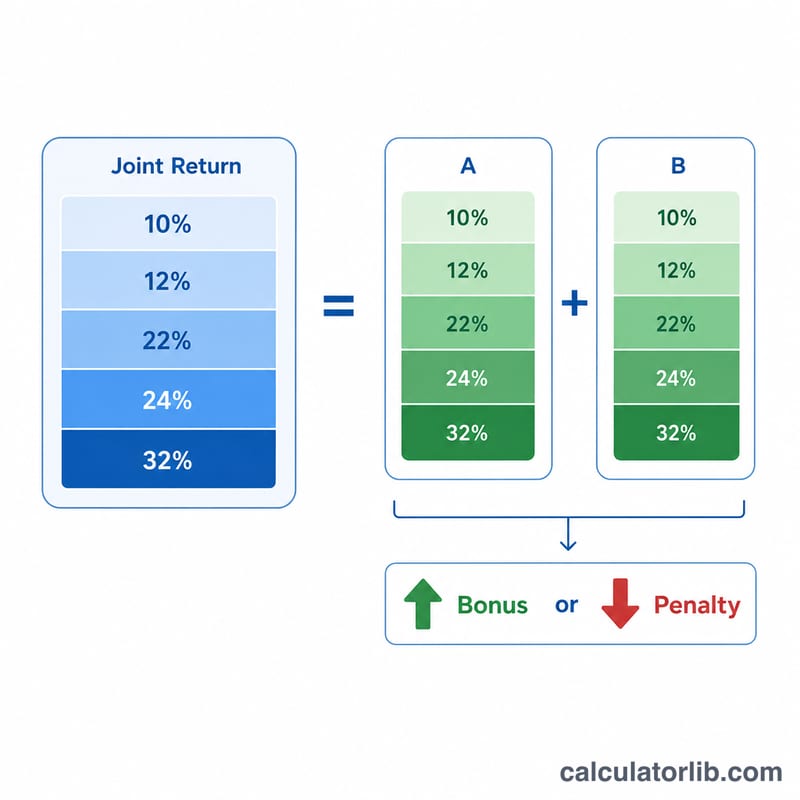 Diagram comparing combined tax when married filing jointly versus the sum of two separate single filers, with a difference labeled as penalty or bonus