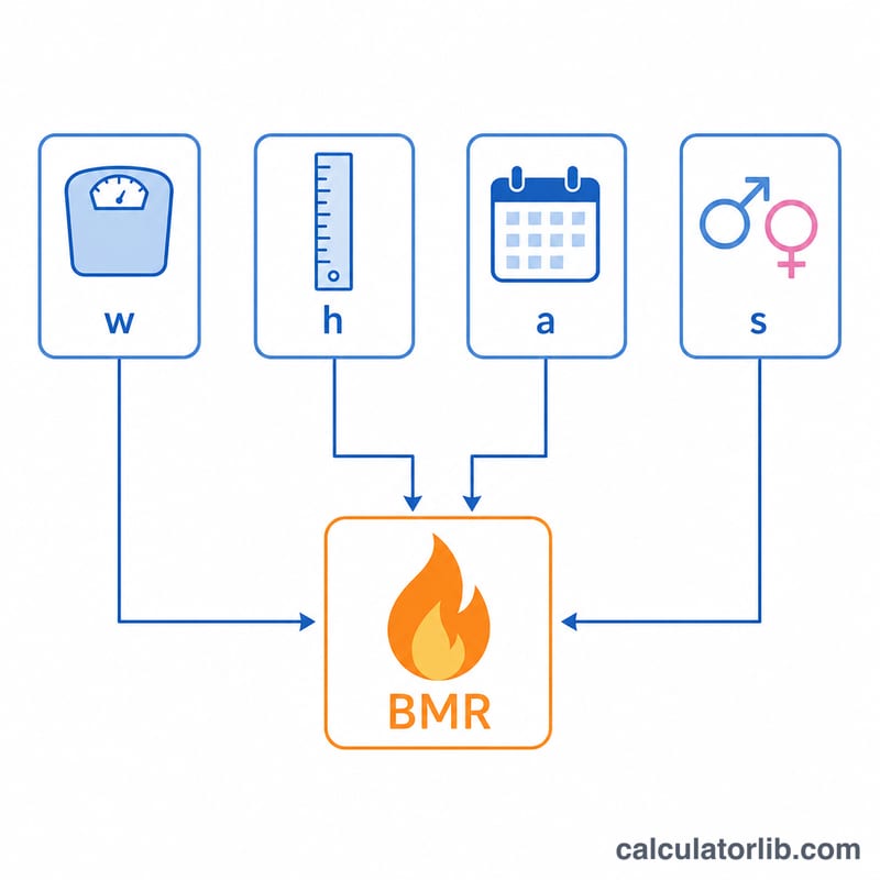 Плоская схема с элементами уравнения BMR: вес, рост, возраст и половая константа, ведущие к результату