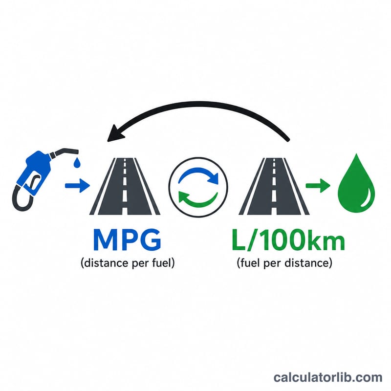 Sơ đồ cho thấy MPG đo quãng đường trên mỗi đơn vị nhiên liệu, còn L/100km đo nhiên liệu trên mỗi quãng đường