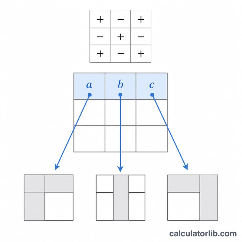 Cofactor expansion of a 3x3 matrix along the first row with sign pattern