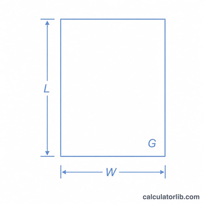 Feuille de papier rectangulaire avec longueur L, largeur W et grammage G indiqués
