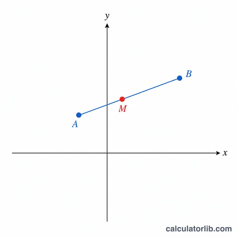Two points on a coordinate plane connected by a line segment with the midpoint marked at its center