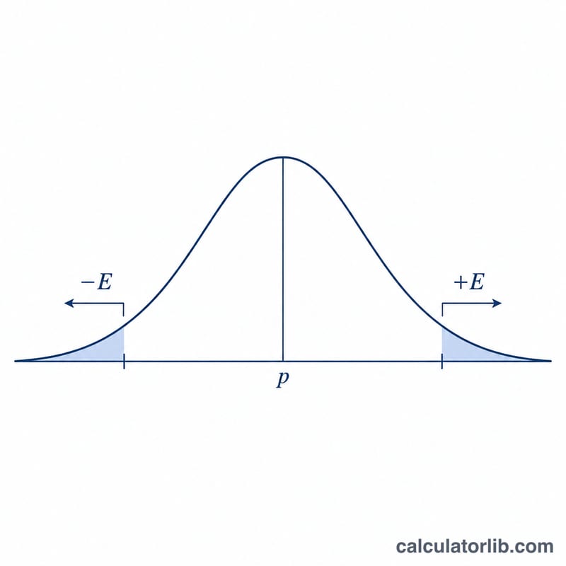 Bell curve with central point estimate p and symmetric margins minus E and plus E marking the confidence interval, with z marking the critical value distance