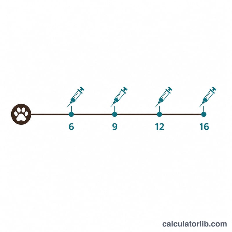 Cronología que muestra las dosis de vacunas del cachorro a las 6, 9, 12 y 16 semanas